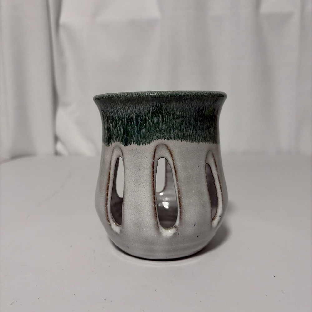 Vintage Studio Pottery Votive Candle Holder Signed 1998 Green Gray Clay 4.5"